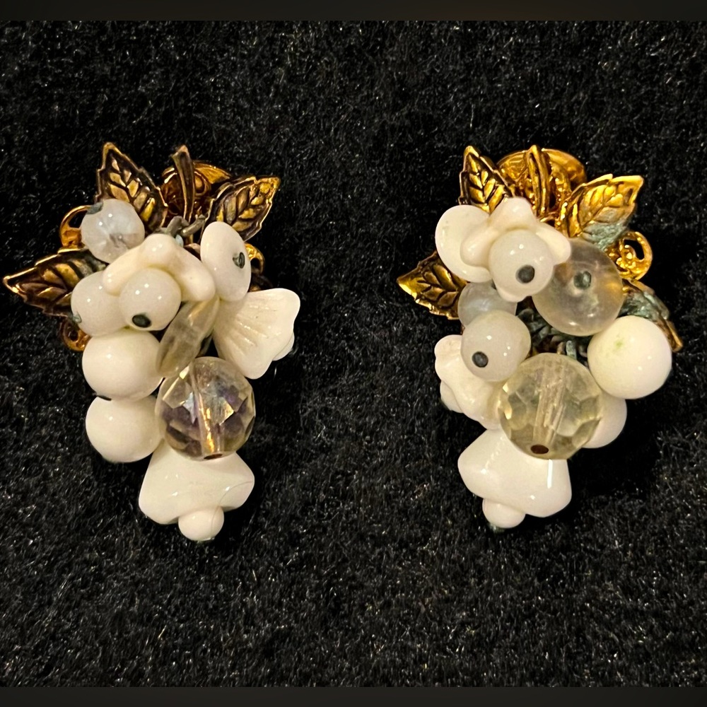 Vintage KRAMER Gilt Brass Leaves, faceted Lucite Faux Pearl Dangle Clip Earrings